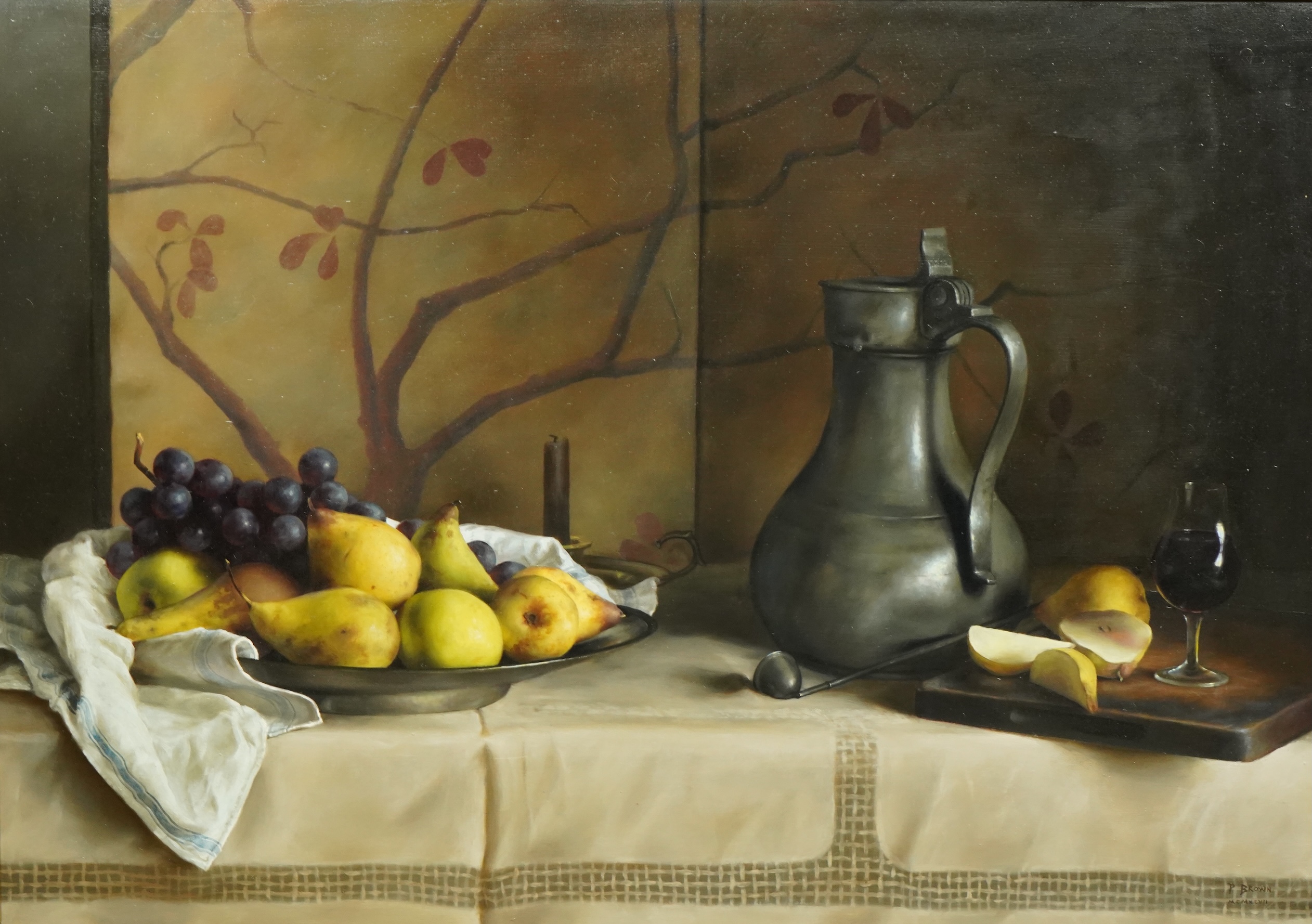 Paul S. Brown (American, b.1967), Still life with pewter flagon and pears, oil on panel, 55 x 78cm